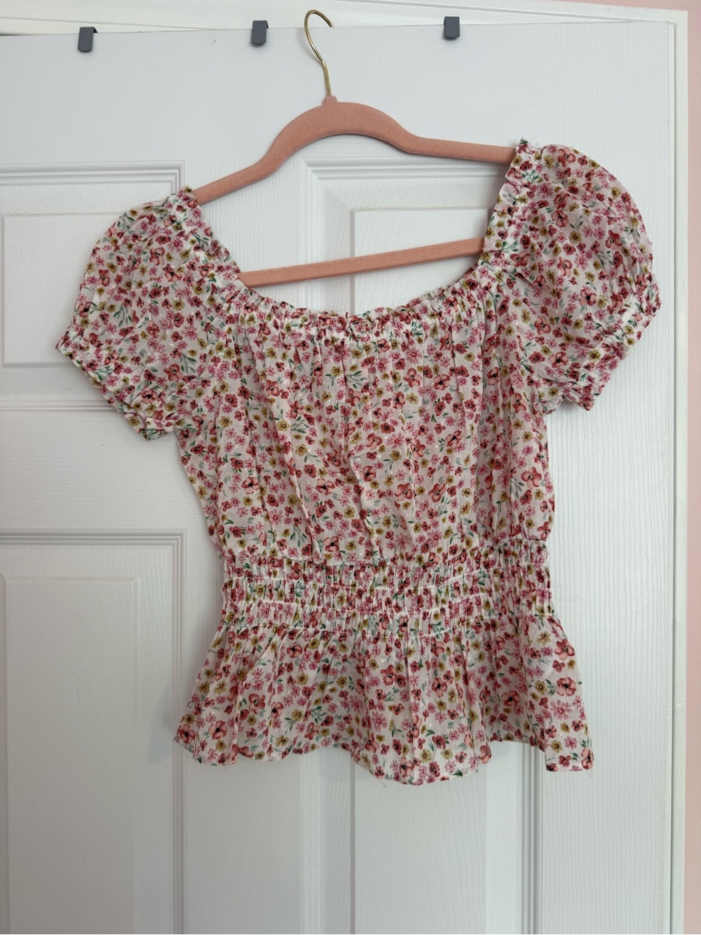 Lush White Floral Puff Sleeve Peplum Top with Pink and Green Print